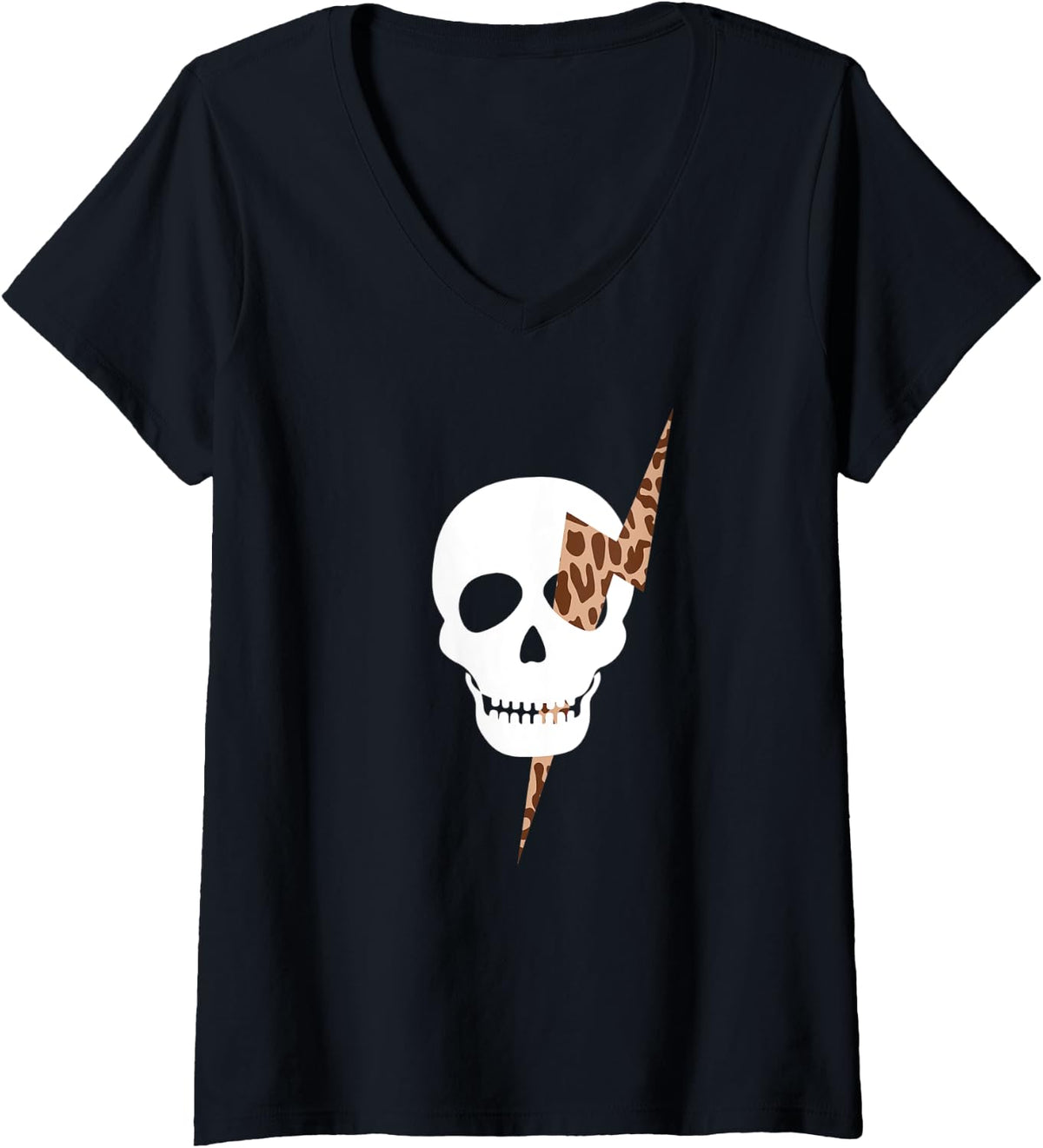Womens Leopard Cheetah Print Skull with Lightening Bolt Halloween V Neck Apparel Trending US Everyday Wear