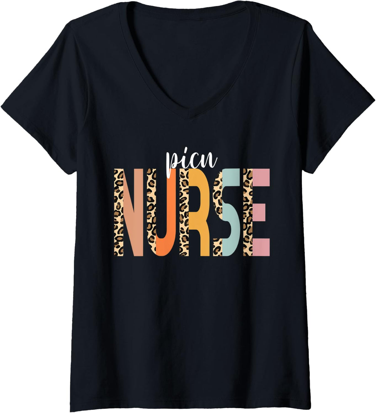 Womens Nurse PICU Nurse Cheetah Print RN Cute PICU Nurse V Neck Apparel Premium Print Fan Favorite