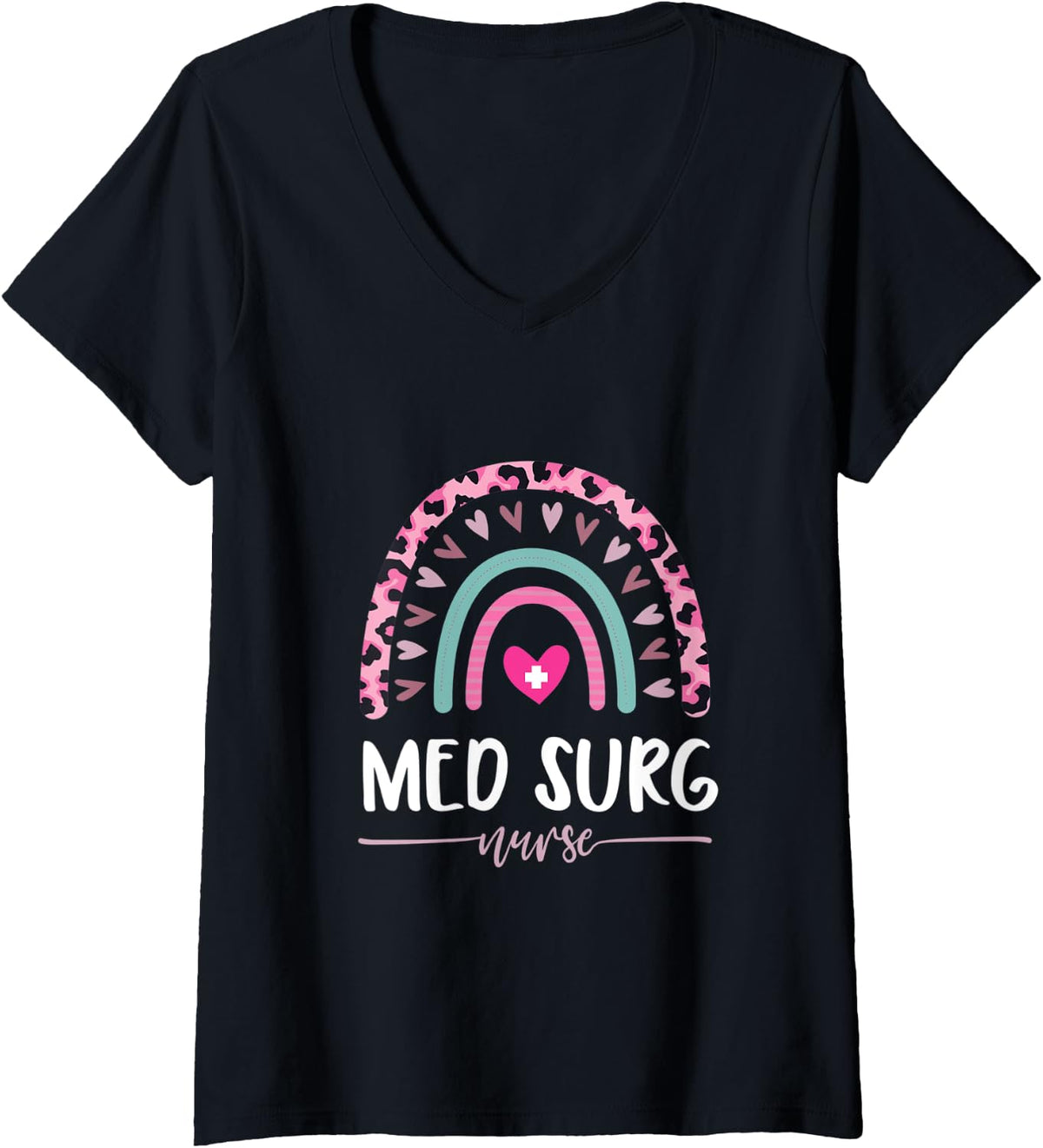 Womens Med Surg Nurse Leopard Rainbow Heart Cheetah Print V Neck Apparel Viral TikTok Find Everyday Wear