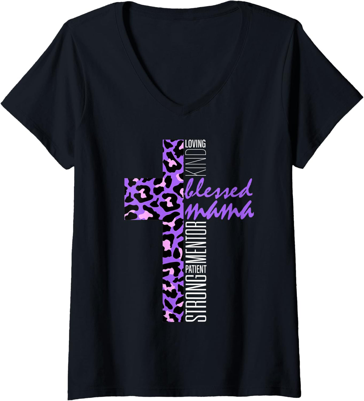 Womens Purple Blessed Mama Cheetah Print Christian Mom Mothers Day V Neck Apparel Streetwear Style US Top Pick