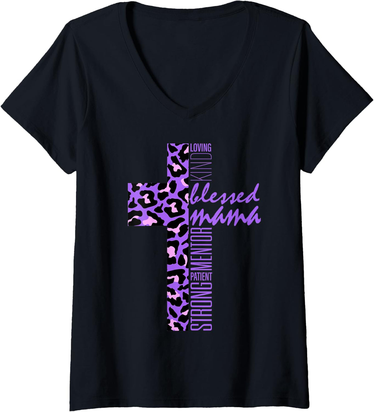 Womens Blessed Mama Cross Purple Cheetah Print Christian Mom Mother V Neck Apparel Comfort Fit Best Seller Look