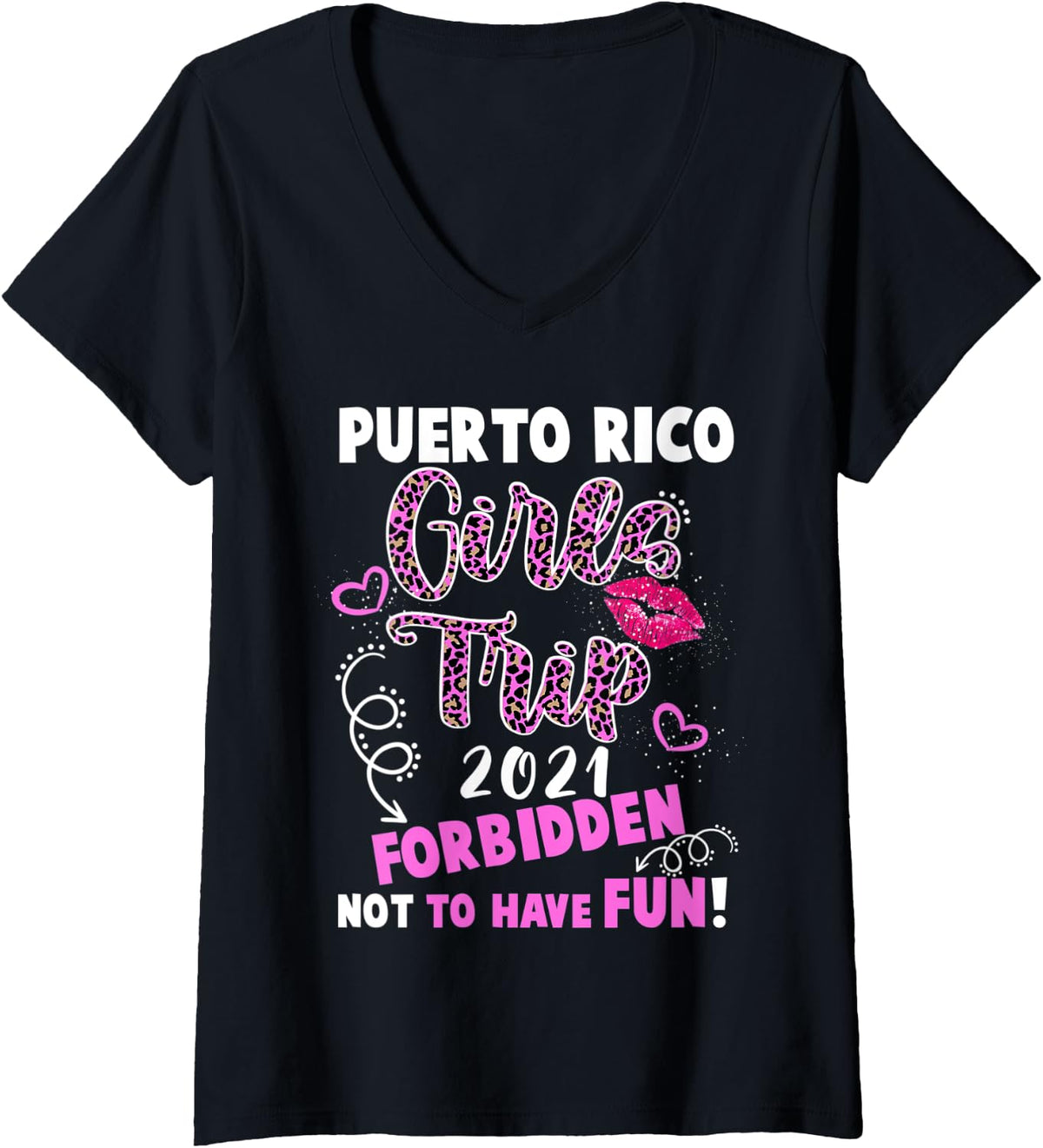Womens Puerto Rico Girls Trip 2021 Vacation Pink Lips Leopard Print V Neck Apparel Viral TikTok Find US Top Pick