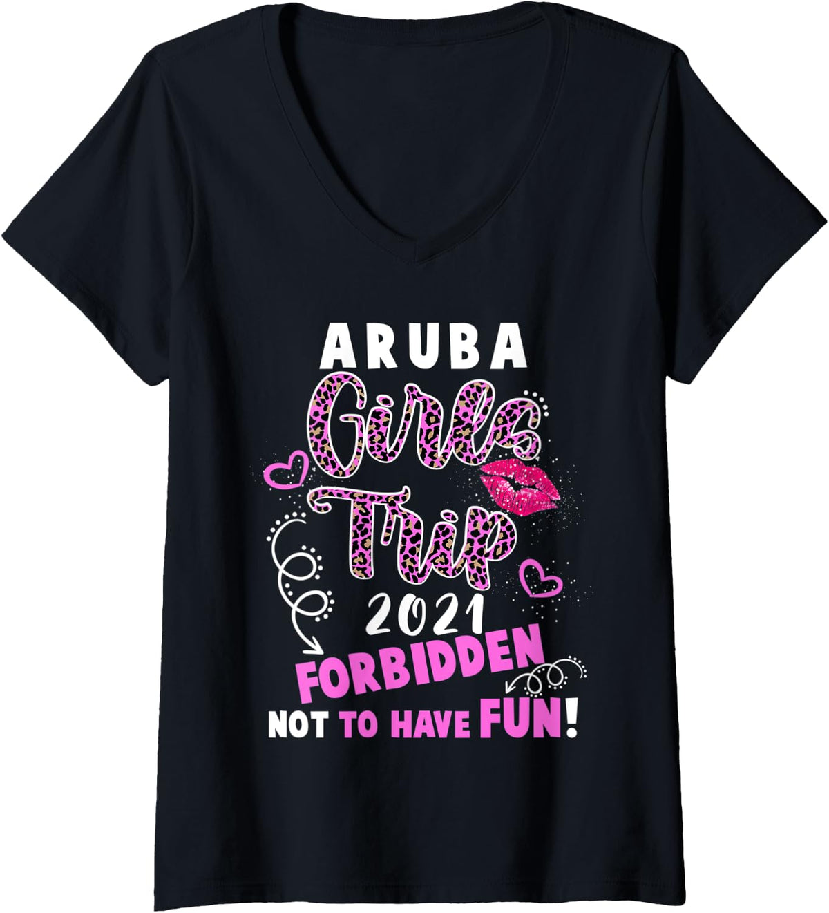 Womens Aruba Girls Trip 2021 Vacation Pink Lips Leopard Print V Neck Apparel Viral TikTok Find Hot Right Now
