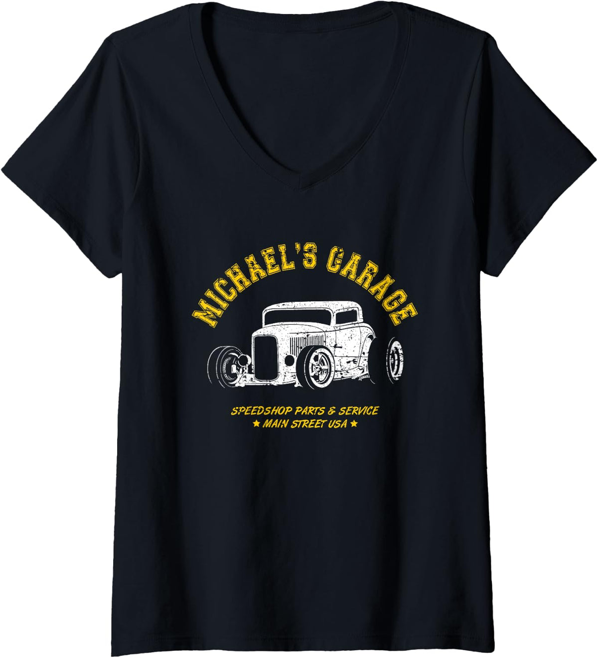Womens Michael's Garage Hotrod Car Design for the Name Michael V-Neck Apparel | Everyday Casual Wear