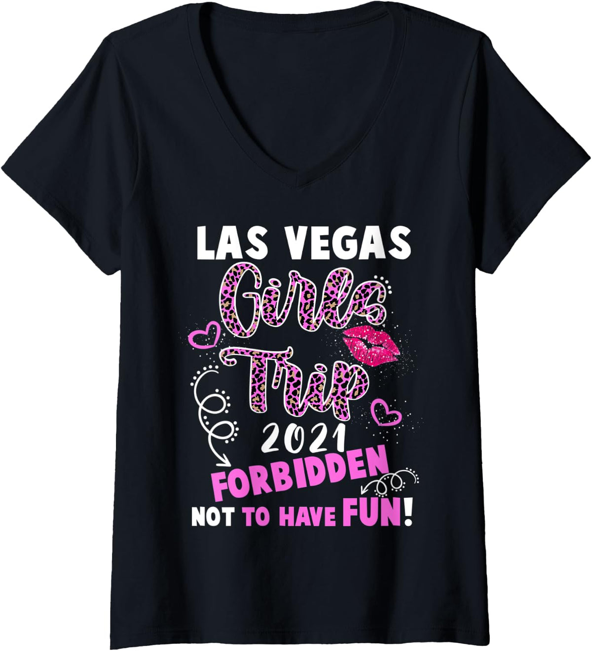 Womens Las Vegas Girls Trip 2021 Vacation Pink Lips Leopard Print V Neck Apparel Viral TikTok Find US Top Pick