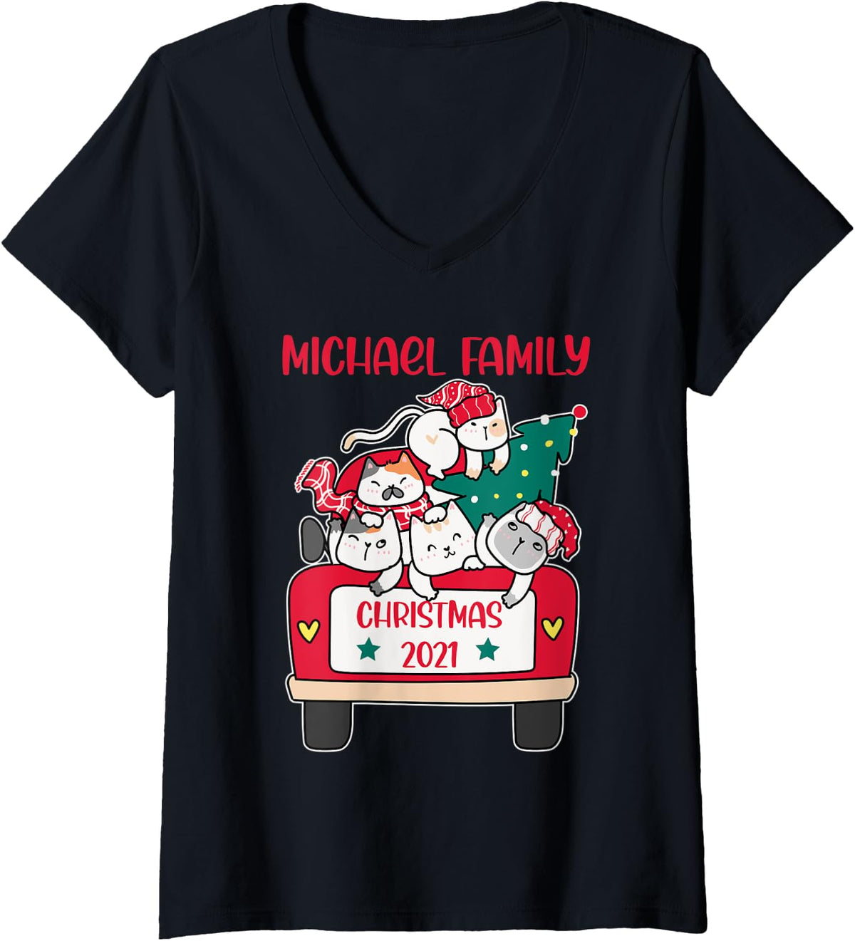Womens Merry Catmas Christmas truck cat lovers Michael Family V-Neck Apparel | Viral Streetwear Style