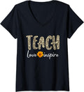 Womens Teach Love Inspire Sunflower Leopard Cheetah Print Teacher V Neck Apparel Premium Print Best Seller Look