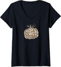 Womens Funny Leopard Pumpkin Print Tops Halloween Thanksgiving Girl V Neck Apparel Trending US Fan Favorite