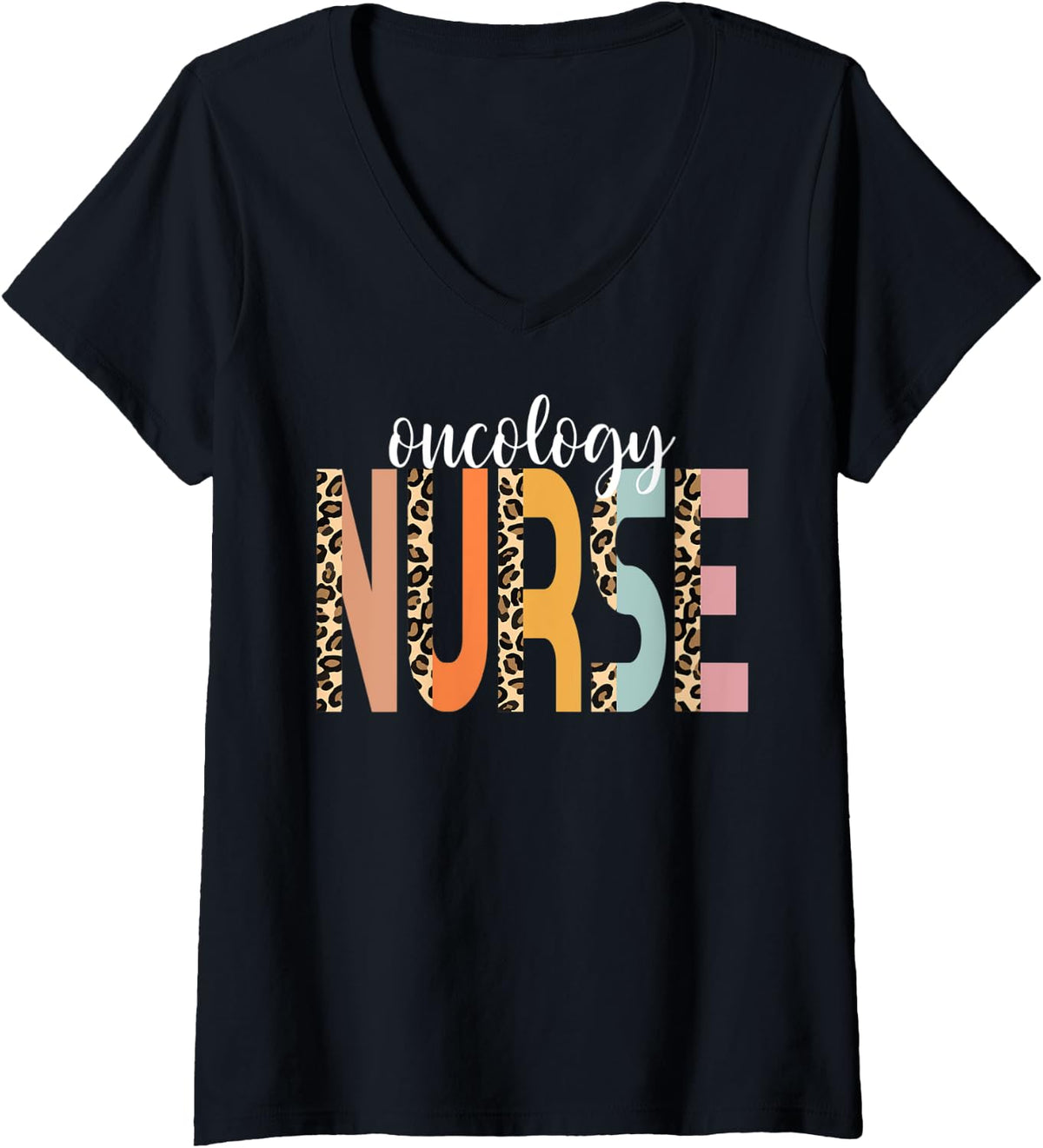 Womens Nurse Oncology Nurse Cheetah Print RN Cute Cancer Nurse V Neck Apparel Comfort Fit Everyday Wear
