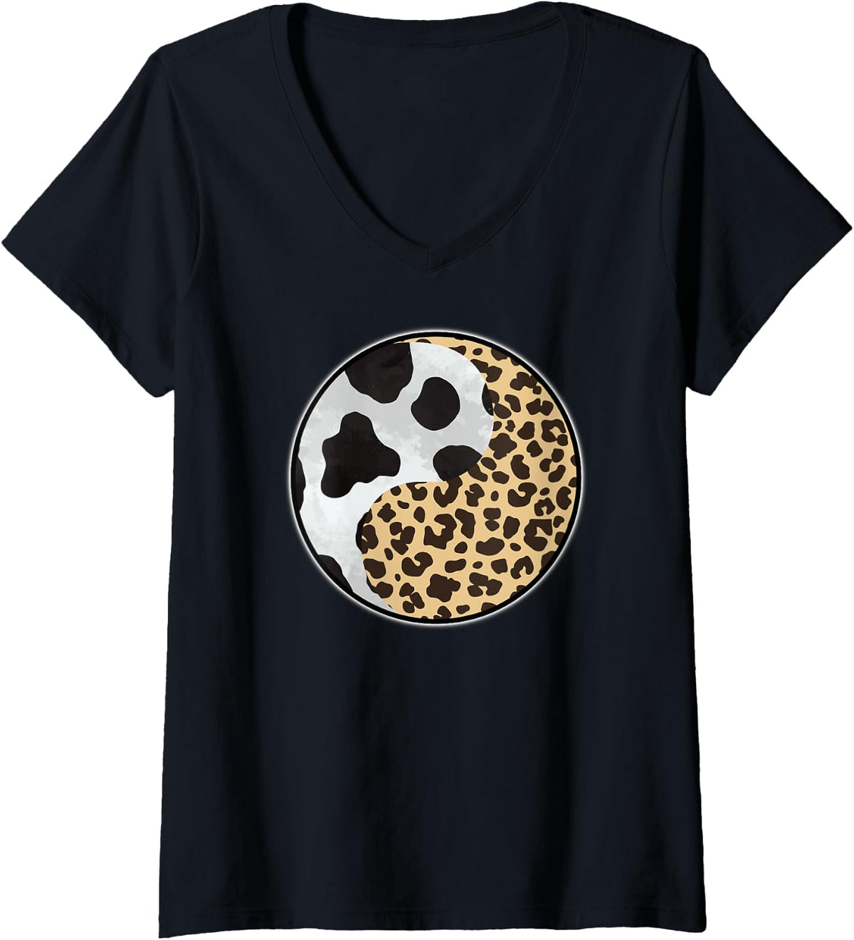Womens Cow Print and Cheetah Print as Yin Yang Animal Aesthetic V Neck Apparel Comfort Fit Best Seller Look