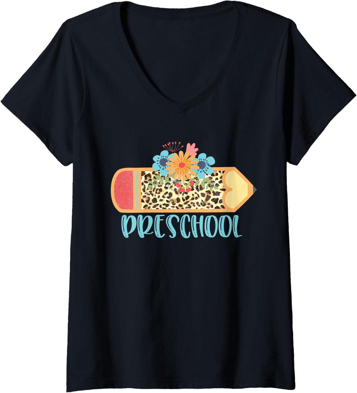 Womens PRESCHOOL Pencil Leopard Cheetah Print Teach Love Inspire V Neck Apparel Viral TikTok Find Everyday Wear
