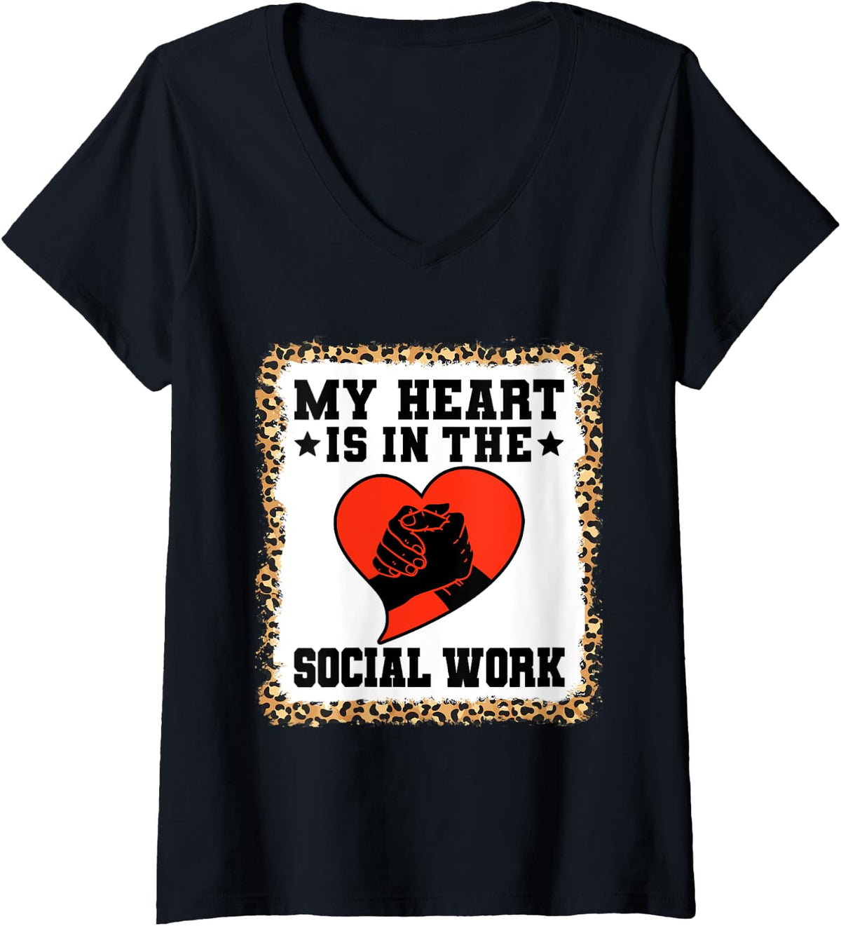 Womens School Social Work Month Heart Leopard Cheetah My Heart Is V Neck Apparel Streetwear Style Fan Favorite