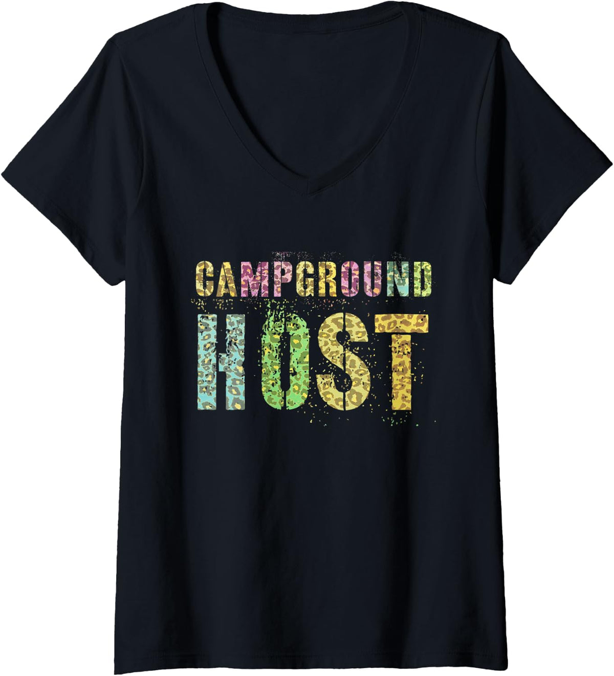 Womens CAMPGROUND HOST Leopard Print Summer Staff Counselor Teacher V Neck Apparel Streetwear Style Best Seller Look