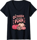Womens In October We Wear Pink Pumpkin Leopard Cheetah Print V Neck Apparel Premium Print Gift Ready