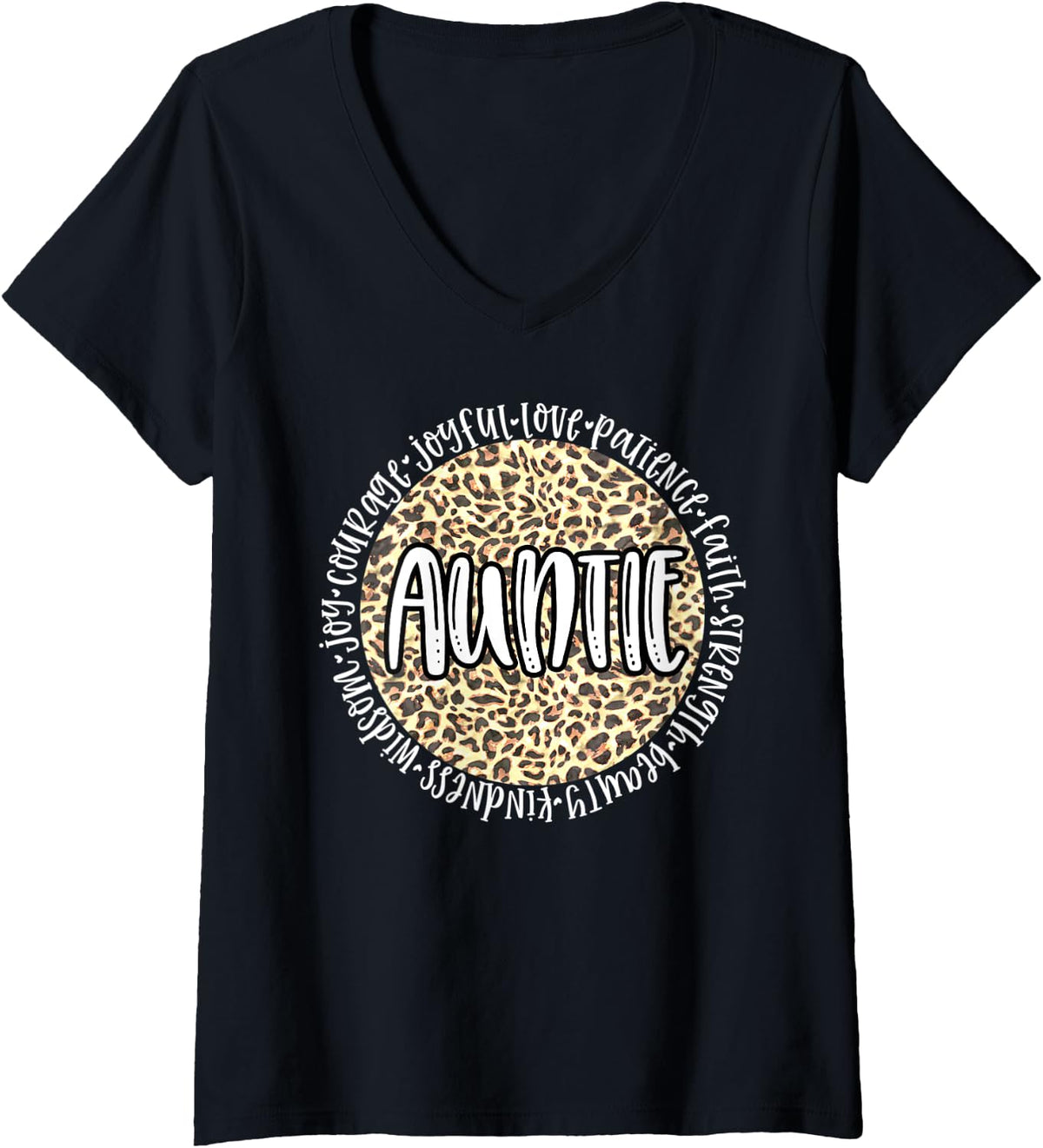 Womens AUNTIE Cheetah Leopard Print Circle Love Patience Black V Neck Apparel Trending US Fan Favorite