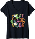Womens Groovy FIRST GRADE VIBES Teacher Leopard Print 1st Gr Retro V Neck Apparel Streetwear Style Best Seller Look