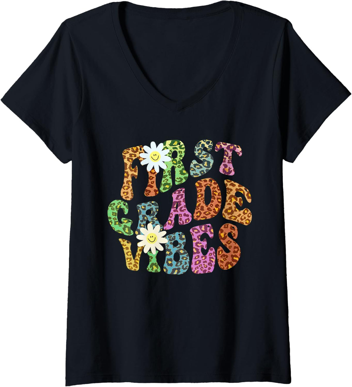 Womens Groovy FIRST GRADE VIBES Teacher Leopard Print 1st Gr Retro V Neck Apparel Streetwear Style Best Seller Look
