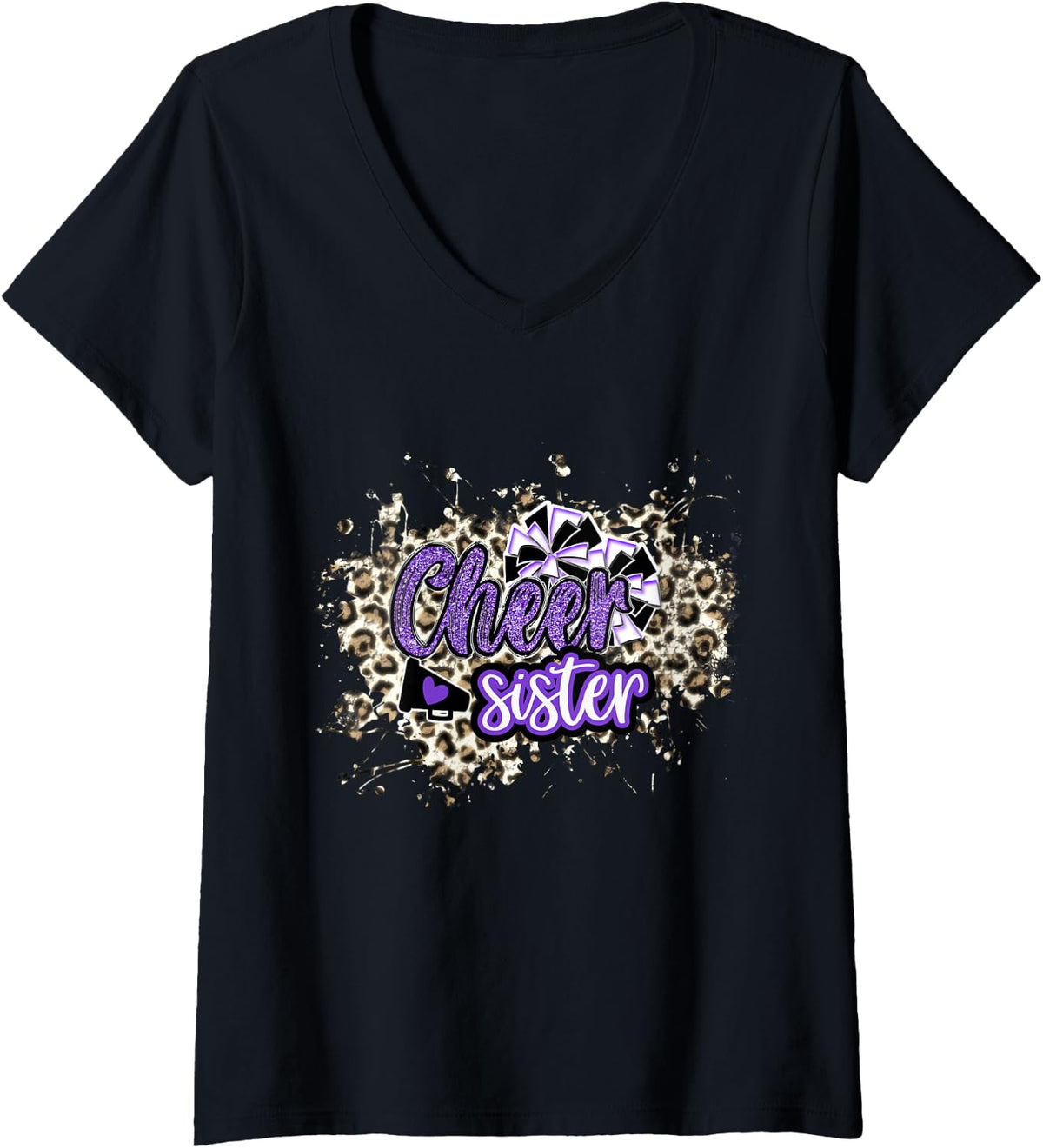 Womens Cheer Sister Shirt Megaphone Purple Leopard Cheetah Print V Neck T Shirt Viral TikTok Find Best Seller Look