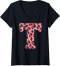 Womens Letter T Cheetah Leopard Print Pink Initial Zebra Matching V Neck Apparel Streetwear Style Fan Favorite