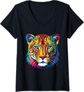 Womens Colorful Cheetah Face Animal Print Big Cat Wildlife Graphic V Neck Apparel Comfort Fit Everyday Wear
