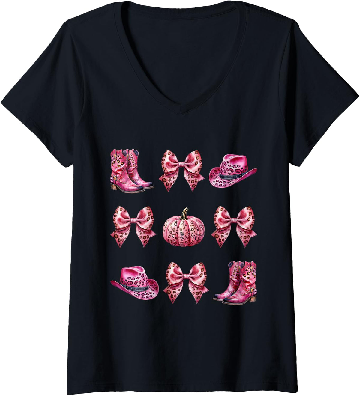 Womens Bow Western Boots Pumpkin Cheetah Pink Print Cowgirl Costume V Neck Apparel High Search Demand Gift Ready