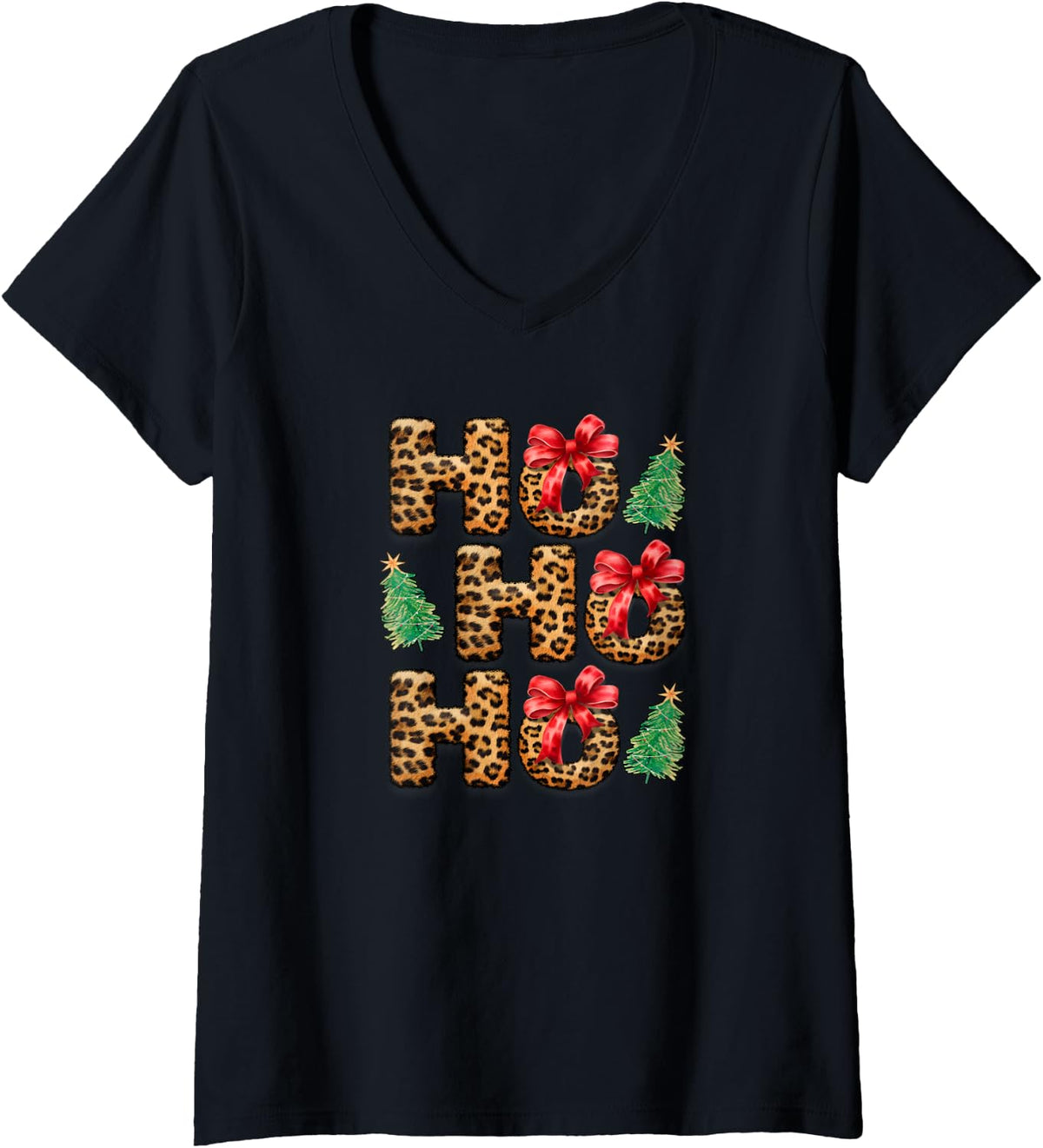 Womens Ho Ho Ho Merry Christmas T Shirt Cute Cheetah Print Clothes V Neck T Shirt Premium Print Hot Right Now