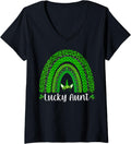 Womens Lucky Aunt Shirt Leopard Print Rainbow Unicorn Patrick s Day V Neck T Shirt Viral TikTok Find Gift Ready