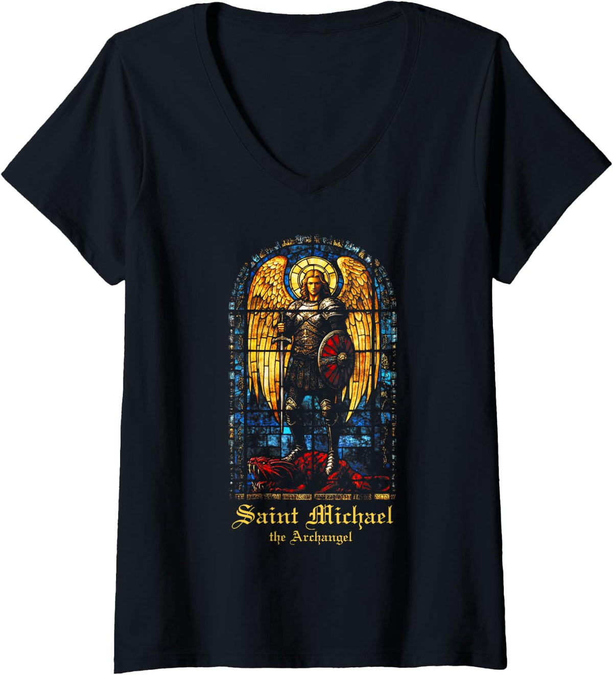 Womens Saint Michael The Archangel St. Michael Stained Glass V-Neck Apparel | US Best Seller