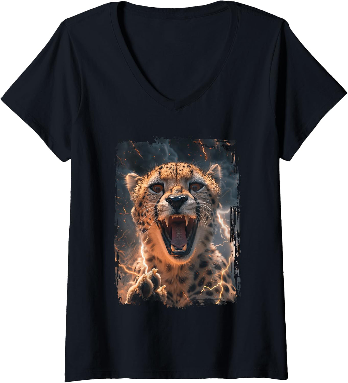 Womens Cheetah Lightning V Neck Apparel Premium Print Fan Favorite