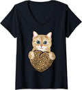 Womens Cute Cat holding Cheetah Leopard Print Heart Valentines Day V Neck Apparel Comfort Fit Everyday Wear