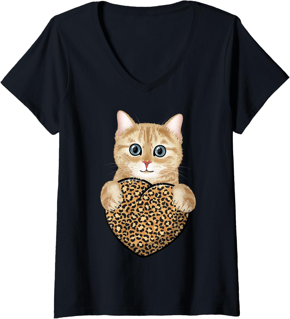 Womens Cute Cat holding Cheetah Leopard Print Heart Valentines Day V Neck Apparel Comfort Fit Everyday Wear