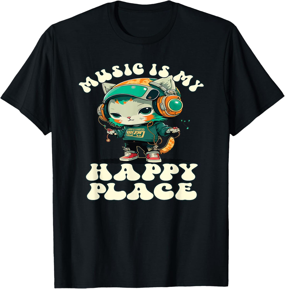 Music Is My Happy Place, Cute Headphone Cat Music Lover Men Women Kids Apparel | High Search Volume | Daily Wear Essential
