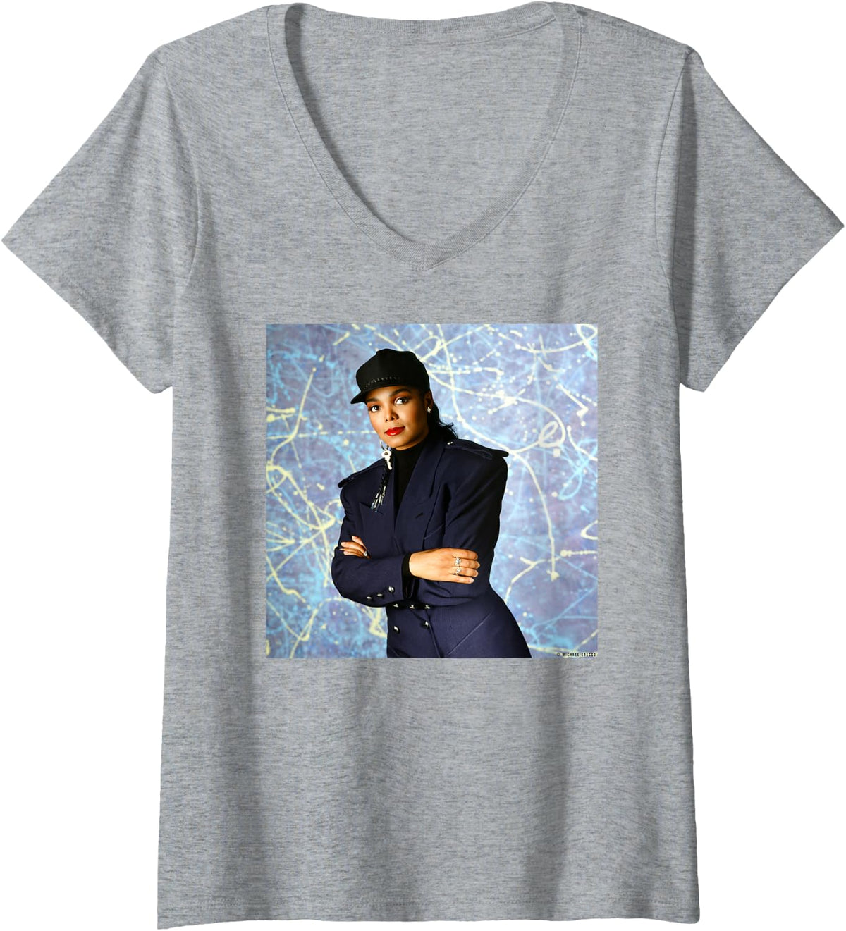 Womens Janet Jackson LA 1989 Portrait by Michael Grecco V-Neck Apparel | US Best Seller