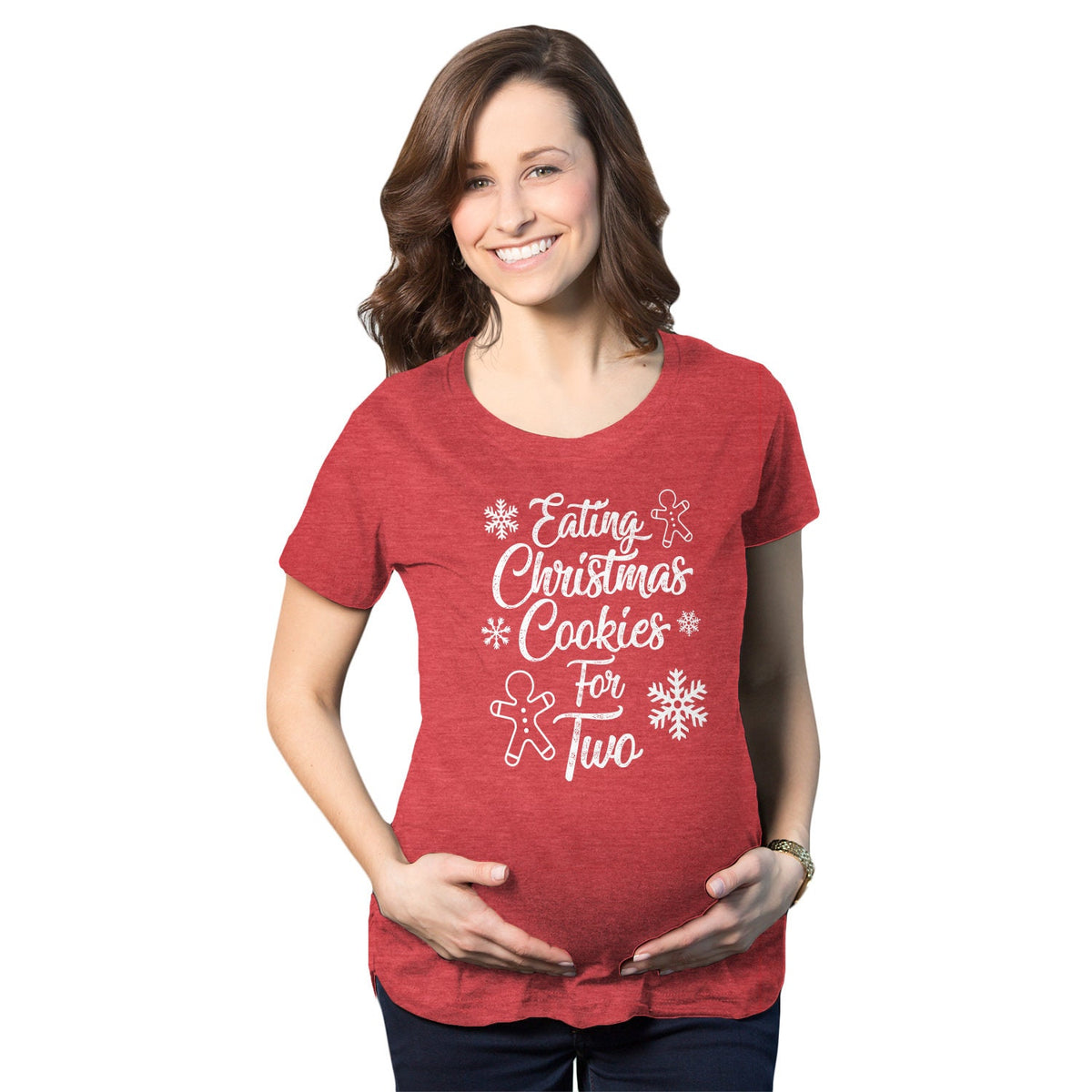 Christmas Maternity Shirt Pregnant Xmas Shirt Red Festive Shirts Pregnancy Tops With Ruching Eating Christmas Cookies For Two Maternity Graphic Tee – Warm & Stylish · Great Gift For Fans