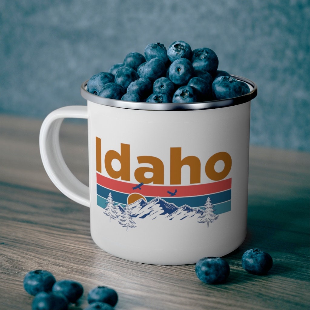 Idaho Camp Mug 12oz Mountain Sunset Enamel Campfire Idaho Mug Personalization Available Graphic Tee – Warm & Stylish · Top Pick For Any Outfit