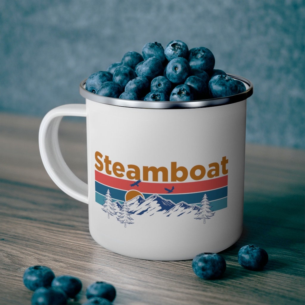 Steamboat Colorado Camp Mug 12oz Mountain Sunset Enamel Campfire Steamboat Mug Personalization Available Graphic Tee – Premium Graphic · Trending Graphic Apparel