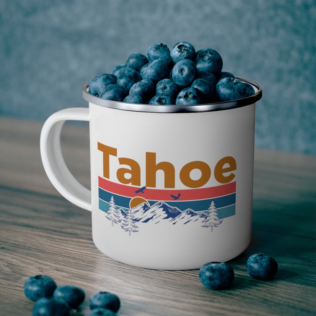 Tahoe California Camp Mug 12oz Mountain Sunset Enamel Campfire Tahoe Mug Personalization Available Graphic Tee – Everyday Comfort · Perfect For Daily Wear