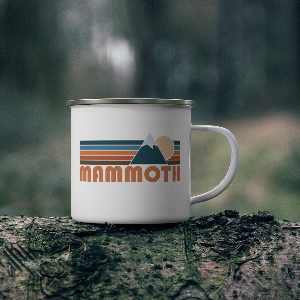 Mammoth California Camp Mug 12oz Retro Mountain Enamel Campfire Mammoth Mug Personalization Available Graphic Tee – Fan Favorite · Top Pick For Any Outfit