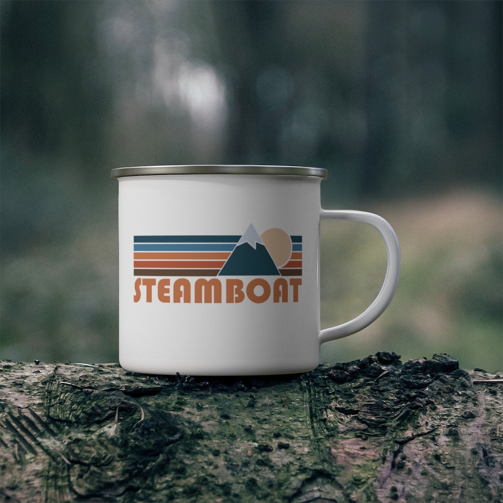 Steamboat Colorado Camp Mug 12oz Retro Mountain Enamel Campfire Steamboat Mug Personalization Available Graphic Tee – Feel-Good Design · Trending Graphic Apparel