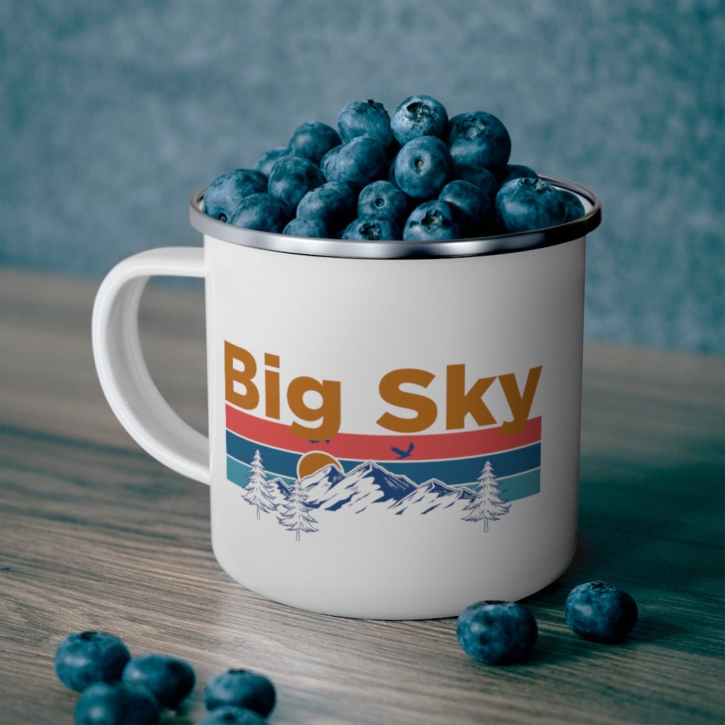 Big Sky Montana Camp Mug 12oz Mountain Sunset Enamel Campfire Big Sky Mug Personalization Available Graphic Tee – Warm & Stylish · Great Gift For Fans