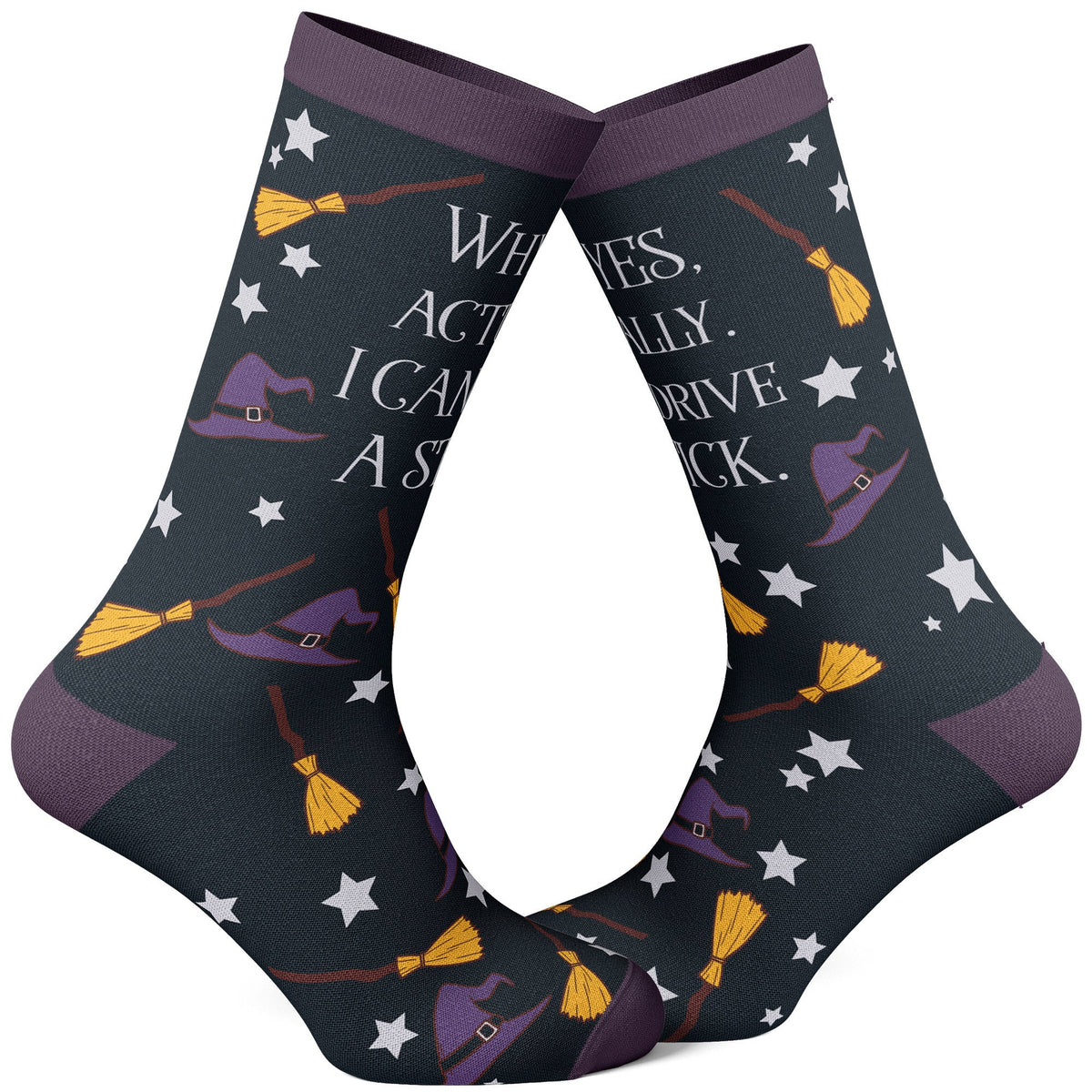 Why Yes Actually I Can Drive A Stick Halloween Socks Funny Womens Witch Socks Funky Socks Witches Hat Socks Broomstick Socks Graphic Tee – Easygoing Wear · Must-Have Style