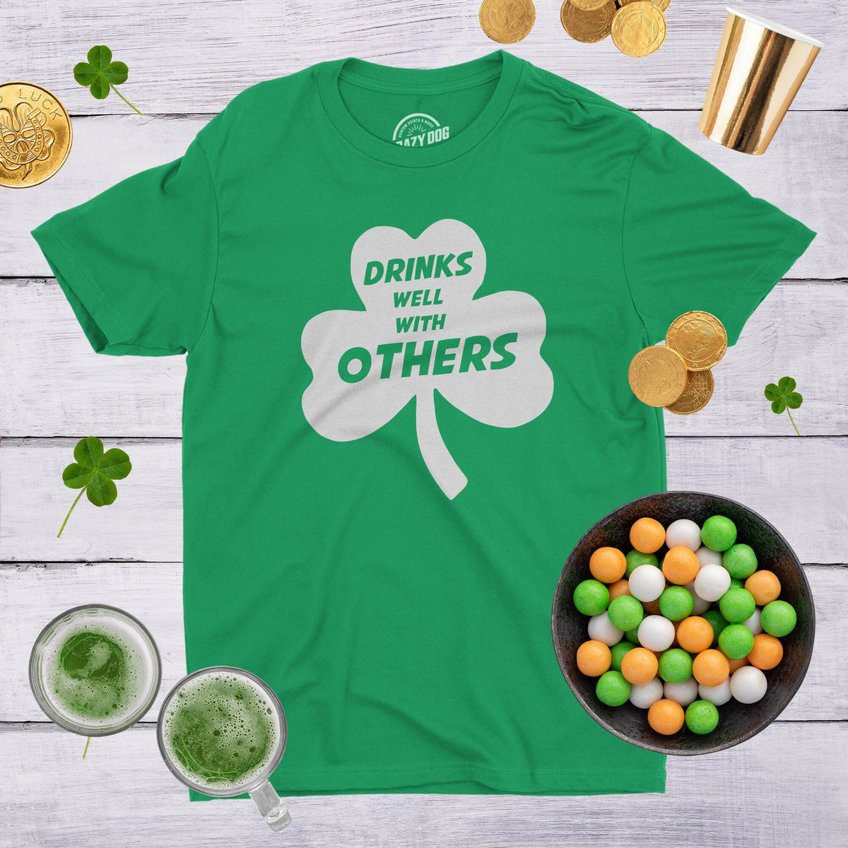 St Patricks Day Shirt Man Drinks Well With Others Shirt Shamrock Shirt Men Green Irish Party Shirt Four Leaf Clover Shirt Graphic Tee – Aesthetic Look · Top Pick For Any Outfit
