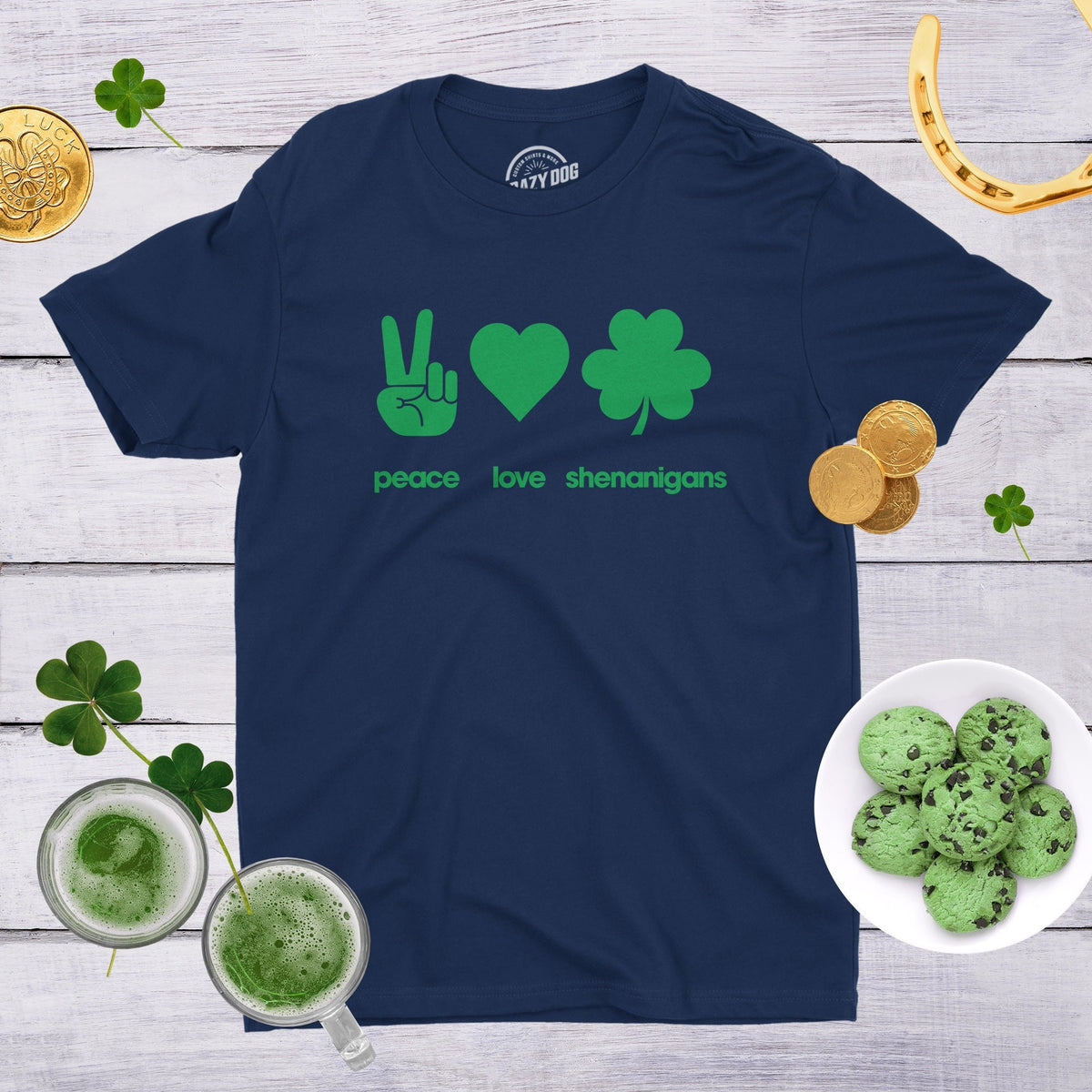 Peace Love SHENANIGANS Saint Patricks Day Shirt Shenanigans Shirt Peace Shirt Shamrock Shirt Mens Clover Shirt Funny Shirts Mens Graphic Tee – Aesthetic Look · High-Quality Print