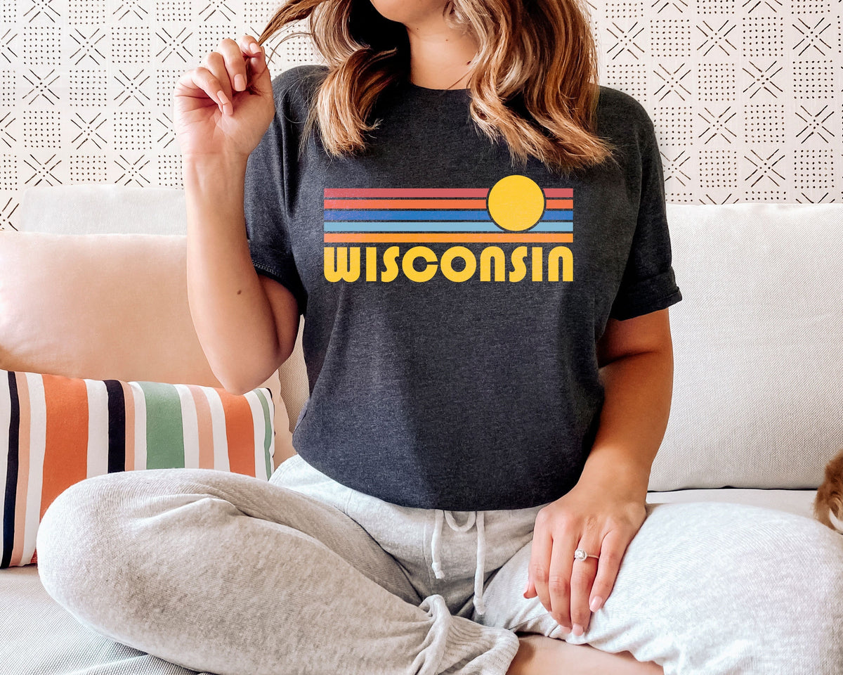 Wisconsin TShirt Retro Sunset Adult Unisex Wisconsin T Shirt Personalization Available Graphic Tee – Warm & Stylish · Perfect For Daily Wear