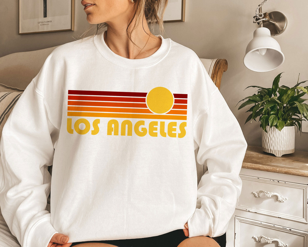 Los Angeles California Sweatshirt Retro Sunrise Sunset Unisex Los Angeles Sweatshirt Personalization Available Sweatshirt – Soft Feel · Perfect For Daily Wear