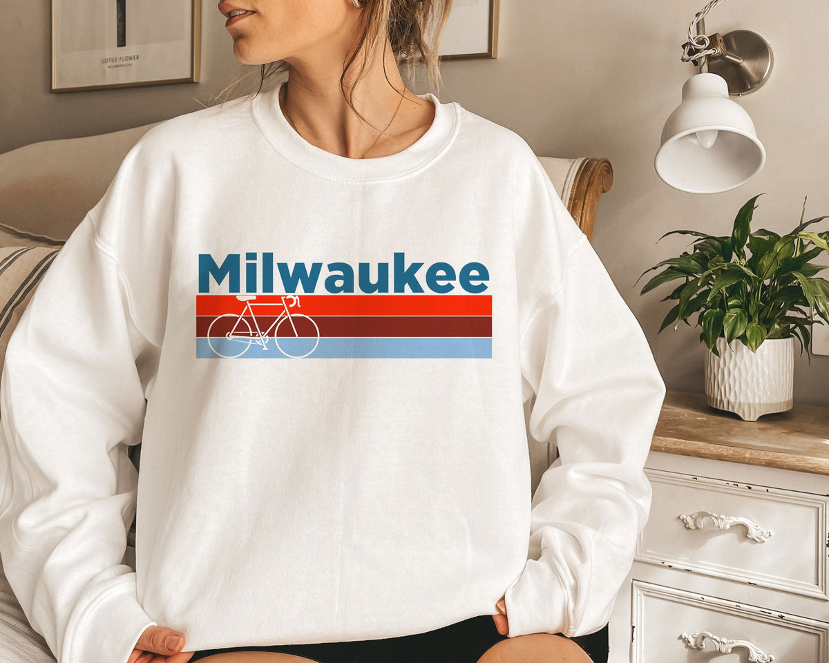 Milwaukee Wisconsin Sweatshirt Retro Bike Unisex Adult Crewneck Milwaukee Sweatshirt Personalization Available Sweatshirt – Everyday Comfort · Perfect For Daily Wear