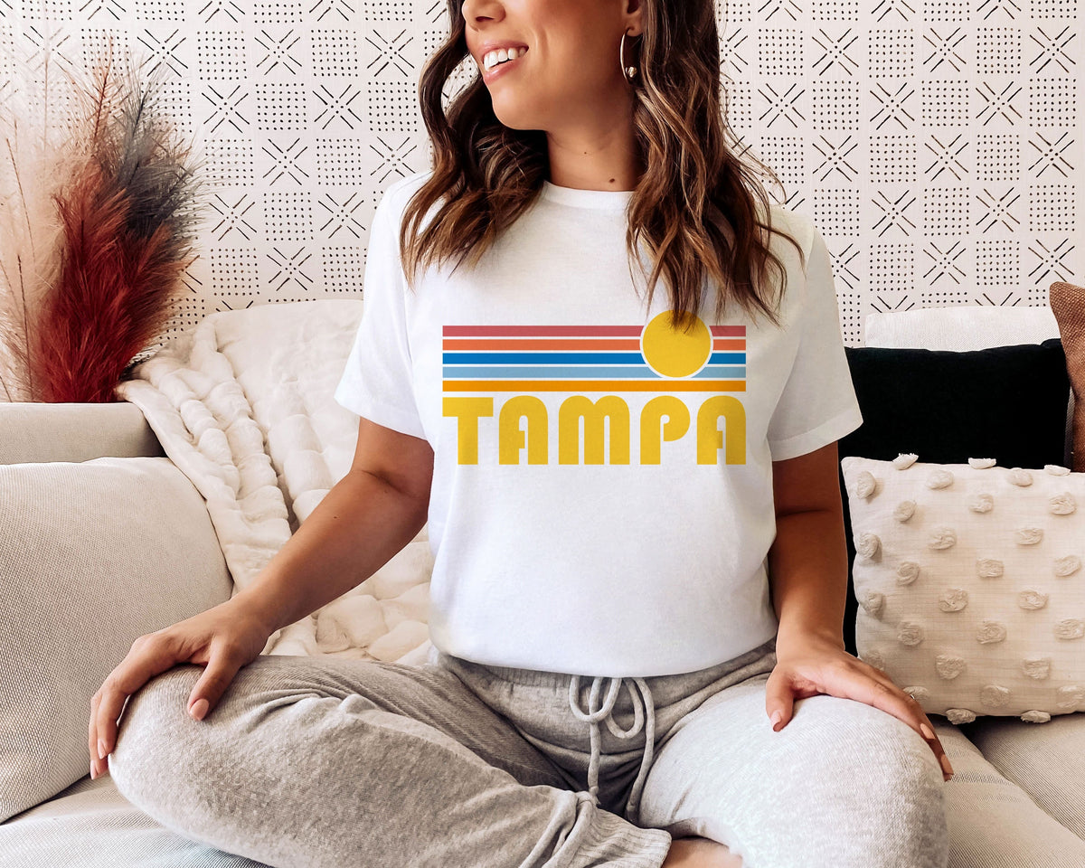 Tampa Florida TShirt Retro Sunset Adult Unisex Tampa T Shirt Personalization Available Graphic Tee – Warm & Stylish · Top Pick For Any Outfit