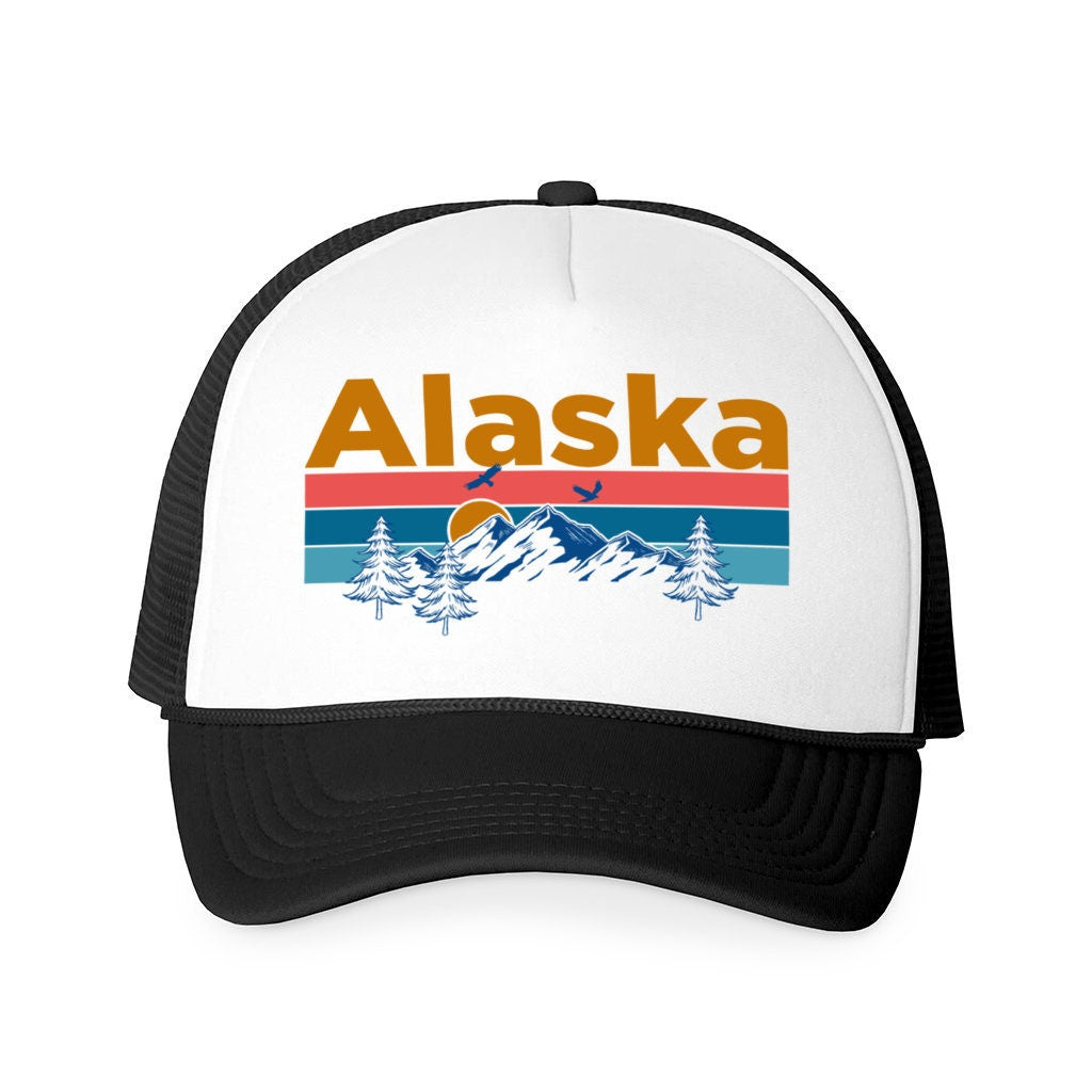 Retro Alaska Trucker Hat Mountain Birds Foam Alaska Trucker Cap Personalization Available Graphic Tee – Soft Feel · Must-Have Style