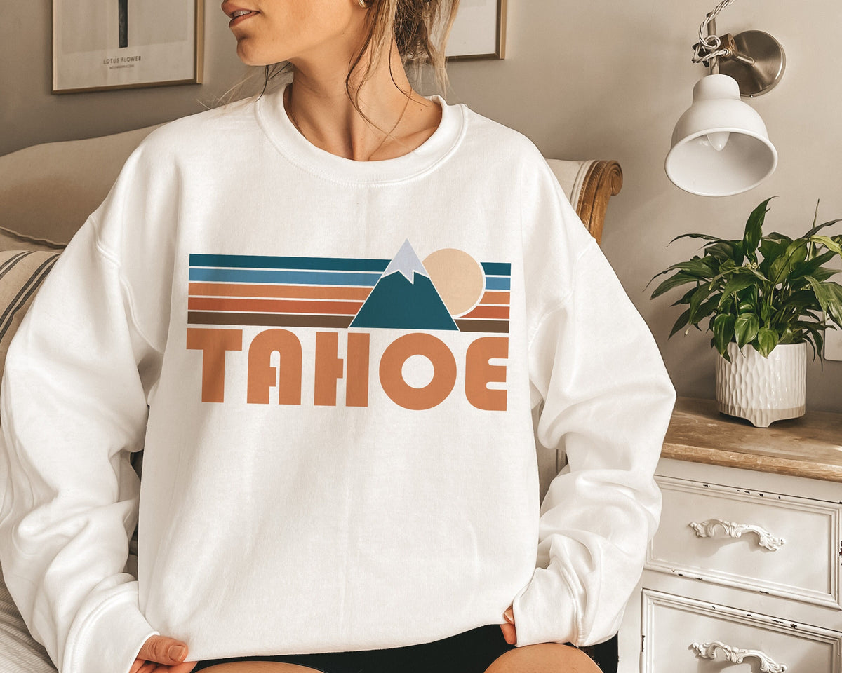 Tahoe California Sweatshirt Unisex Retro Mountain Crewneck Tahoe Sweatshirt Personalization Available Sweatshirt – Everyday Comfort · High-Quality Print