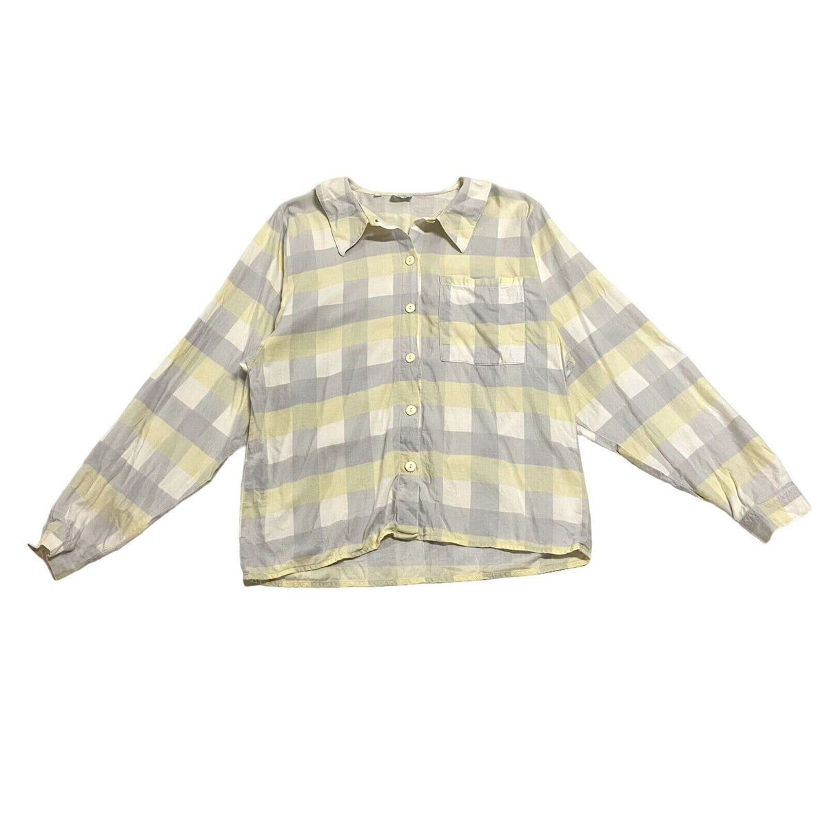 Benetton Women39s Check Shirt Vintage High End Designer Blouse Yellow Grey VTG Graphic Tee – Bold Style · Trending Graphic Apparel